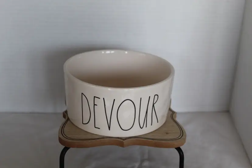 Rae Dunn Artisan Collection "Devour" White Ceramic Pet Bowl, Dishwasher Safe