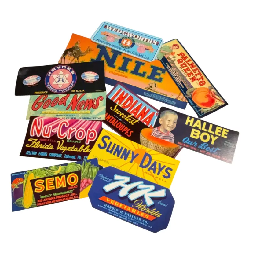 11 Vintage Fruit & Vegetable Crate Paper Labels - NOS  Each Approx. 6.5” L X 3.75” W With Varying Sizes