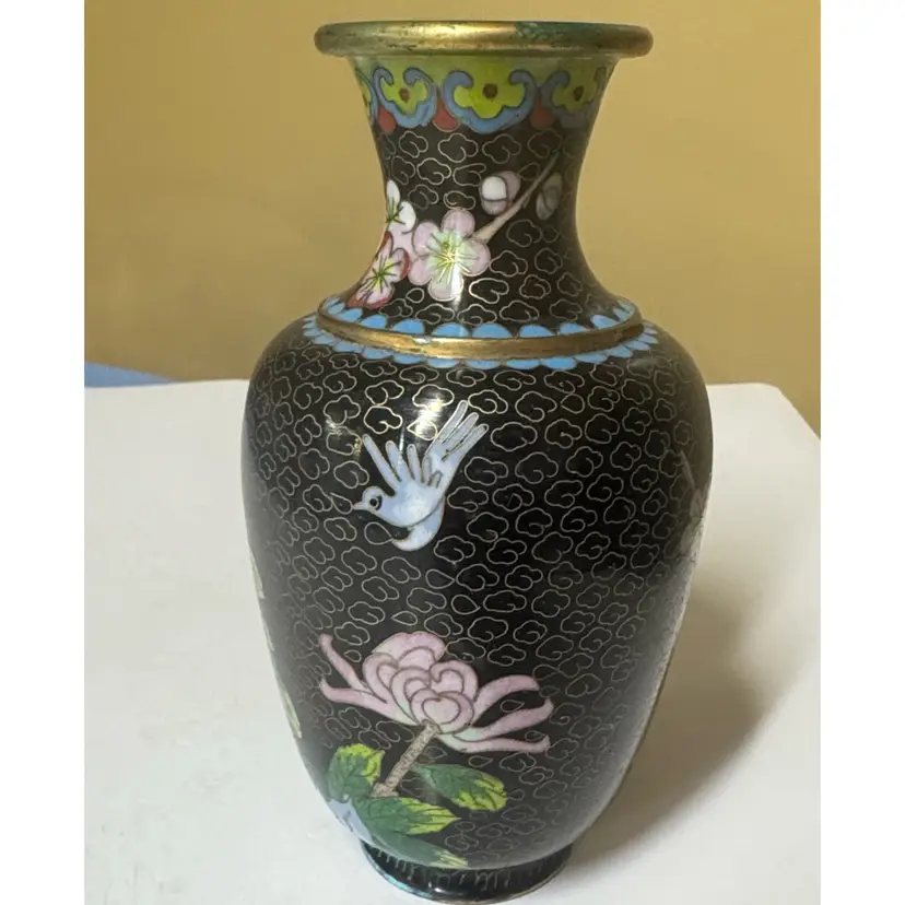 Black Floral Cloisonné Vase with Bird Pink and Blue Accents 6.25” tall