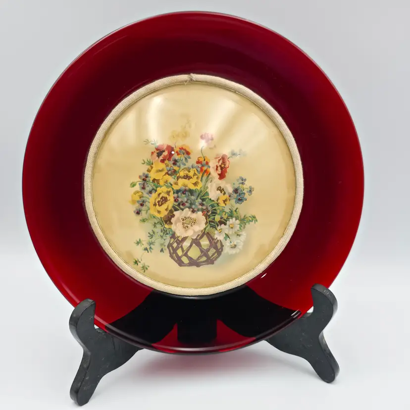 Ruby Red Glass Plate With a Floral Print Under Bubble Glass Wall Decor