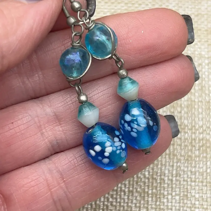 #01 Art Glass Blue Floral Lampwork Bead Dangle Earrings Iridescent Silver Tone