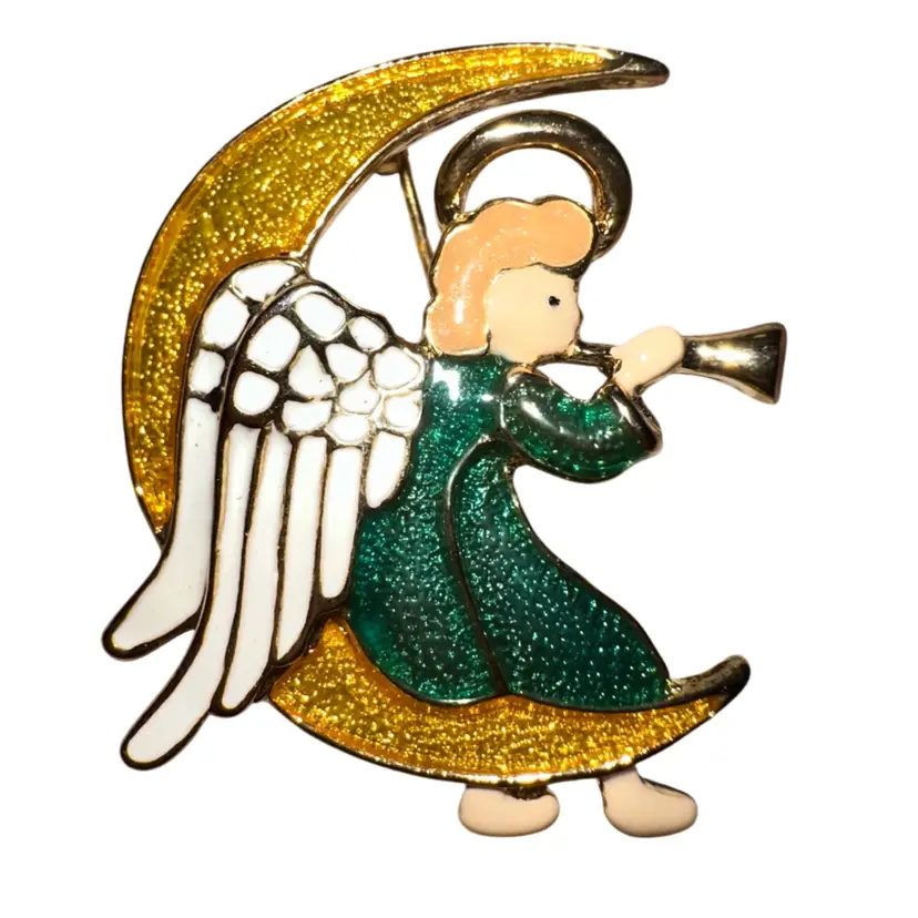 Gold Tone Angel Moon Brooch Pin