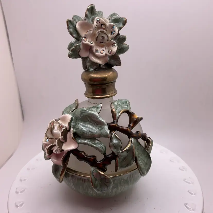 POW4 AS IS Perfume Bottle with Enamel Florals and Metal Accents 4"