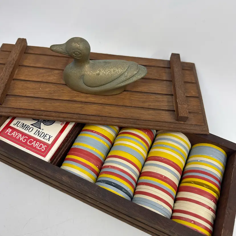 Vintage Wooden Poker Set With Brass Duck