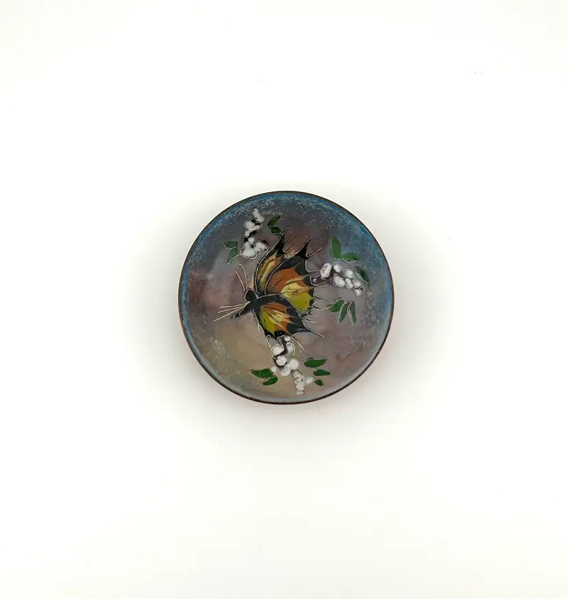 Vintage Enamel on Copper Small Trinket Dish With Butterfly 2.75”x .75”