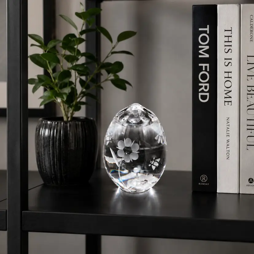Vintage Cut Crystal Egg Paperweight with Floral Etching