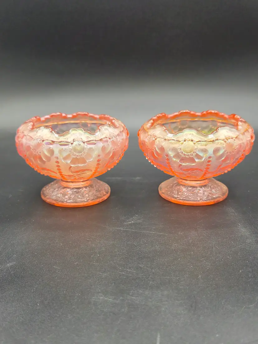Vintage Fenton Pair of Beaded Daisy Pink Rose Bowl Iridescent Dish with Pedestal 2.5"