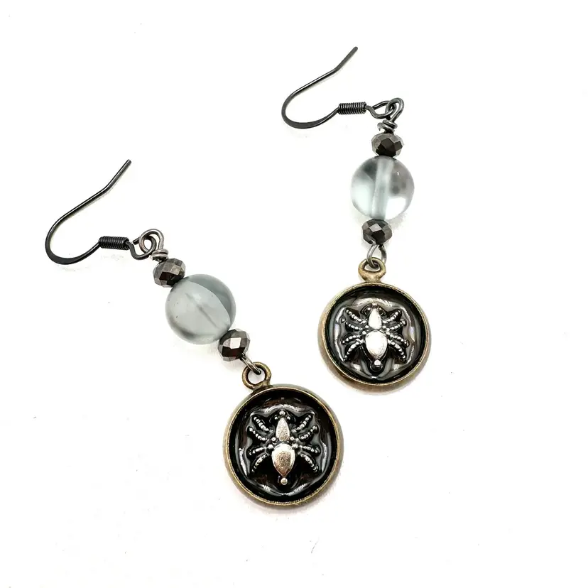 Spider Earrings Made By Me Resin Mixed Metals Glass Beads  2”L X .5”W