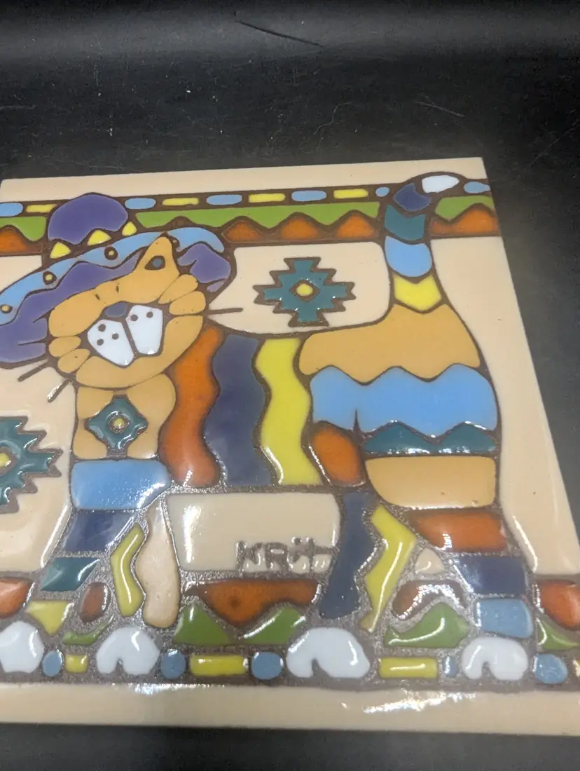 Vintage Signed KRit Southwestern Cat Tile Trivet 1999 Tucson Arizona