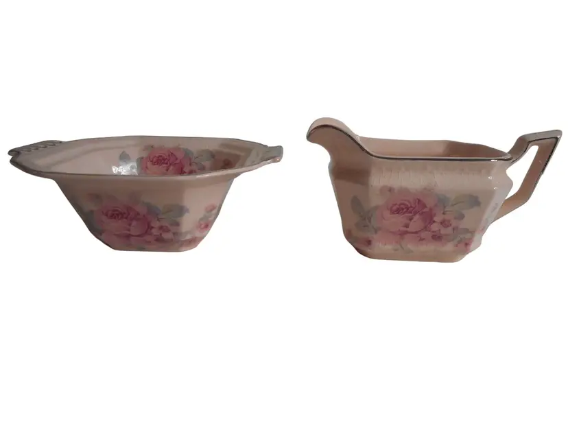Alice Annglow 1931 Vtg Shabby Cottage Chic rose floral Creamer & Sugar Bowl
