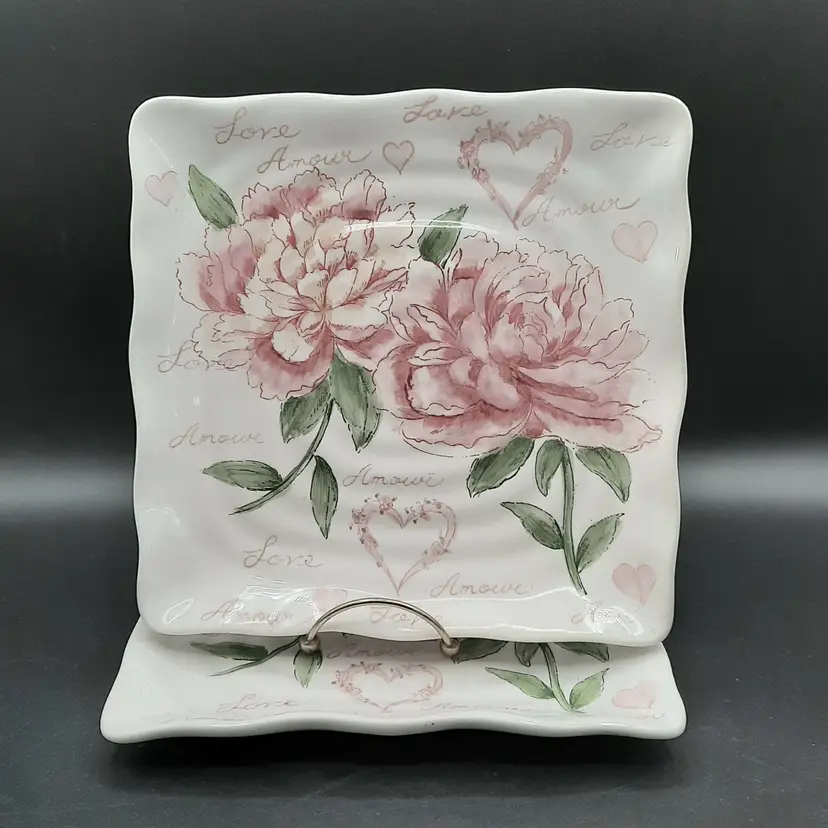 Maxcera Amour Love Heart Pink Flower Floral Plates Hand Painted Set of 2