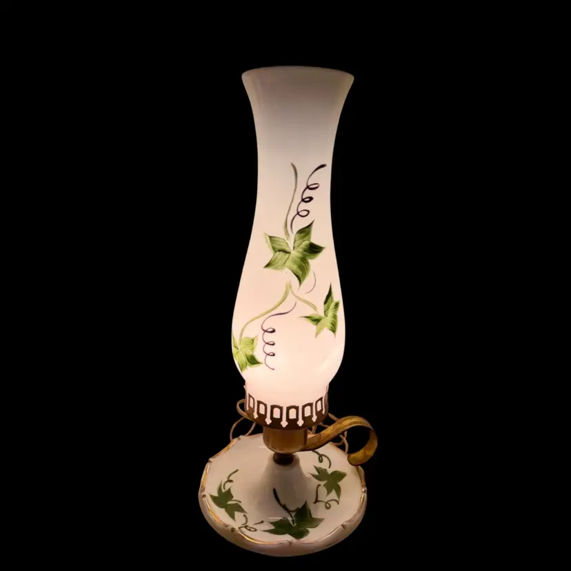 Vintage Mid-Century White/Milk Glass? Base Hurricane Lamp - Hand-Painted Ivy - Porcelain/Ceramic Base
13.5” T x 6.5” W