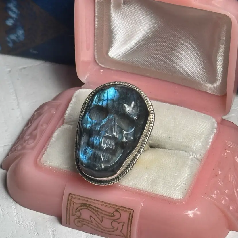 Sterling Silver Carved Labradorite Skull Ring Size 8.5