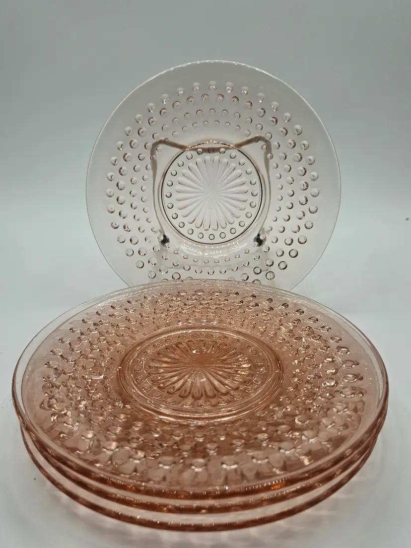 4 LE Smith Pink Hobnail 6" Glass Bread Dessert Plates, USA, Vintage
