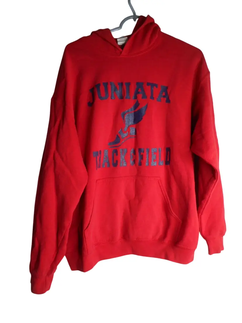 Gildan Hoodie Sweatshirt red blue Juniata track field graphic kangaroo pocket