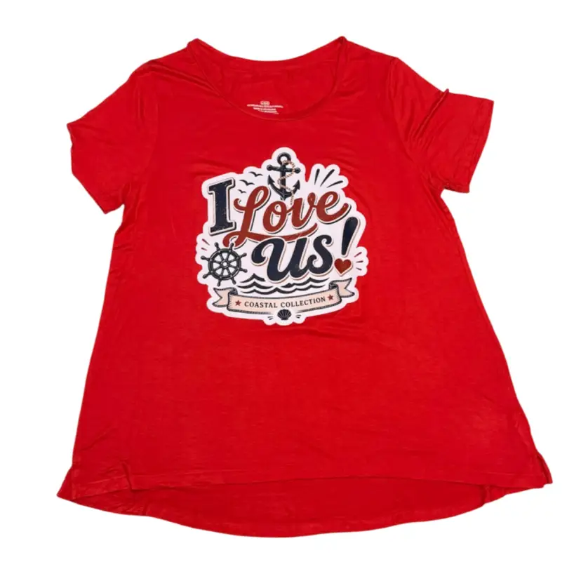 NEW “I Love Us” Coastal Collection High-Low Tunic Tee – Red – Size Large