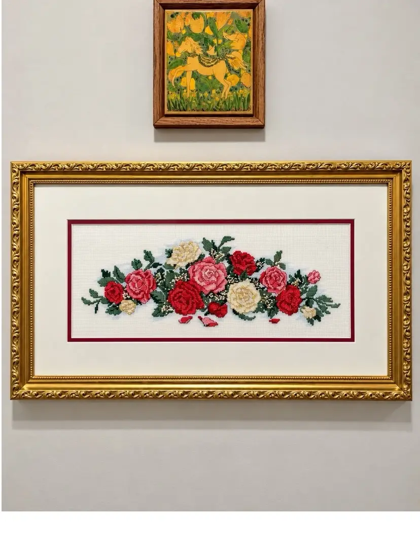 😻 Hand-Stitched Rose Floral Needlepoint – Ornate Gold Wood Frame – 22” x 13.5”