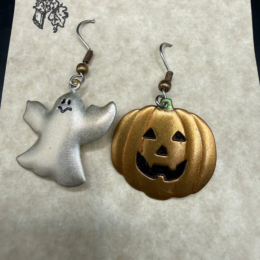 Hand Painted Brass Halloween Ghost & Jack-o’-lantern Earrings 1.75”