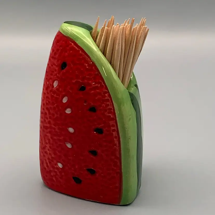 Kitschy Watermelon slice toothpick holder. Hand painted ceramic.