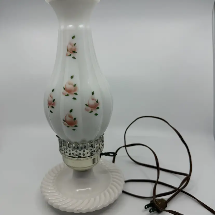 Vintage Milk Glass Painted Pink Floral Roses Design Electric Oil Lamp 13”