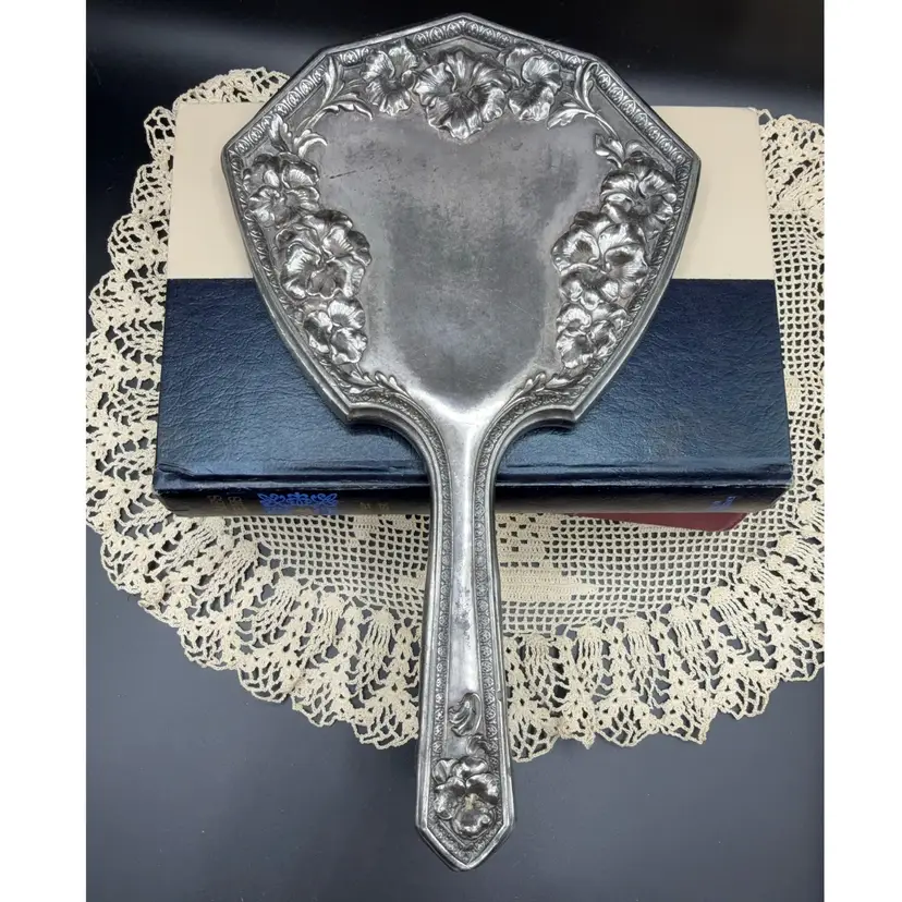 🐞 Antique Art Nouveau Silver Plated Hand Mirror Ornate Hibiscus Floral Vanity 12x6”