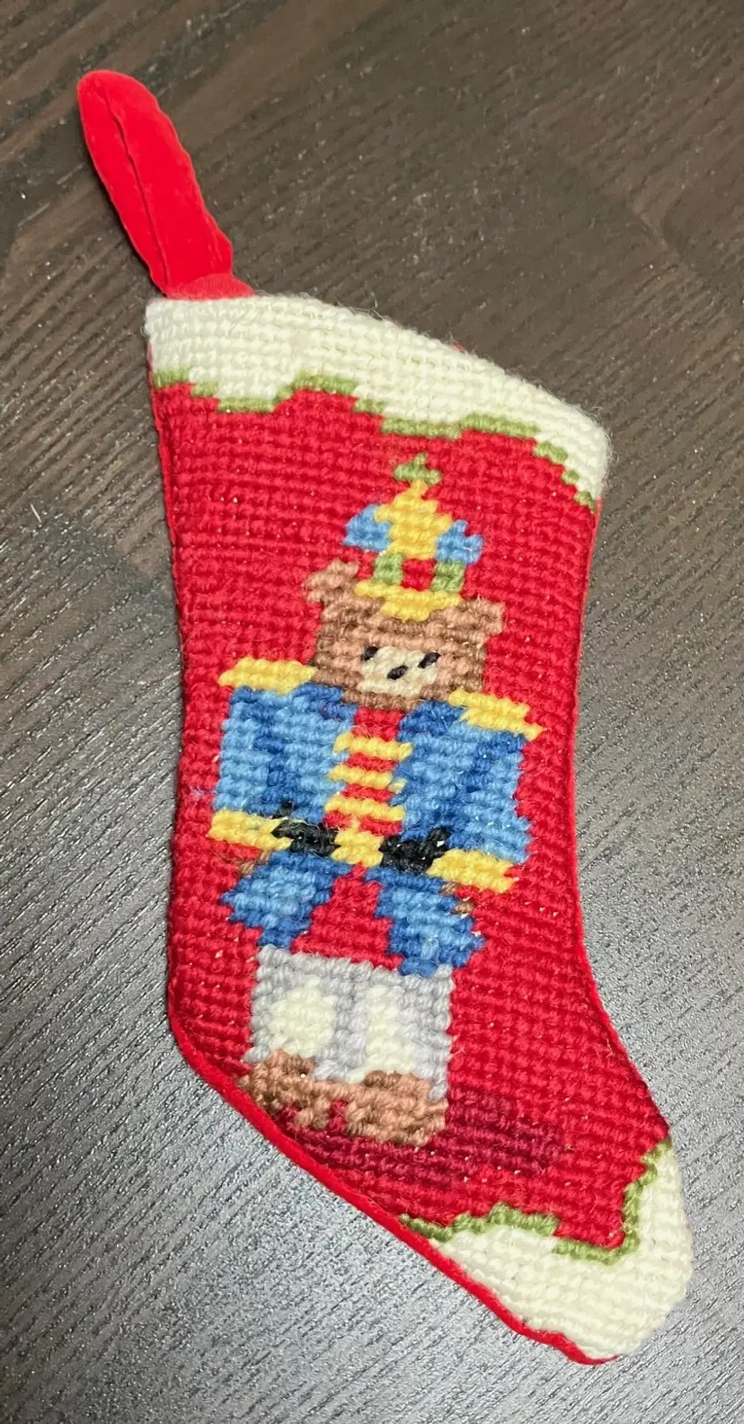 Mini needlepoint Christmas stocking Teddy bear Toy soldier