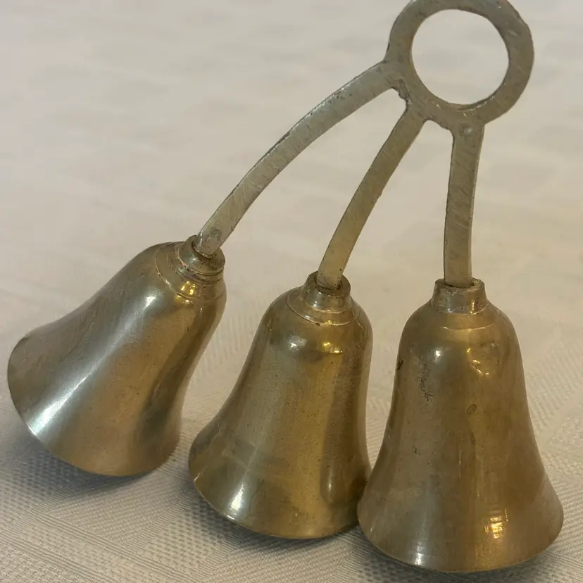 Vtg Brass Triple Bell Cluster - 3 Bells on Ring Handle - Hand Shaker - India