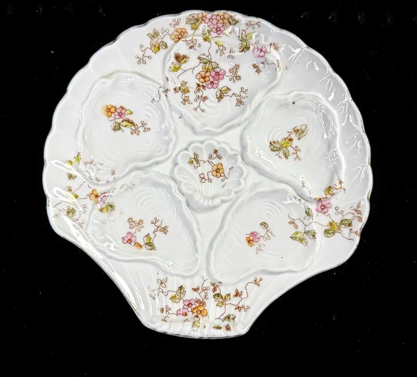 Antique c1890 Floral 5-Well Porcelain Oyster Plate Shell Form design 8" A1260