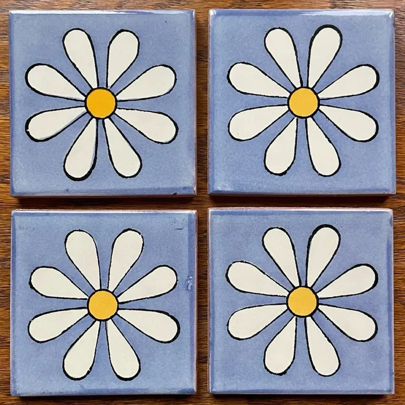 Blue Groovy Periwinkle Daisy Decorative Talavera Tile Coaster Set of 4 Folk Art Clay Pottery Mexico