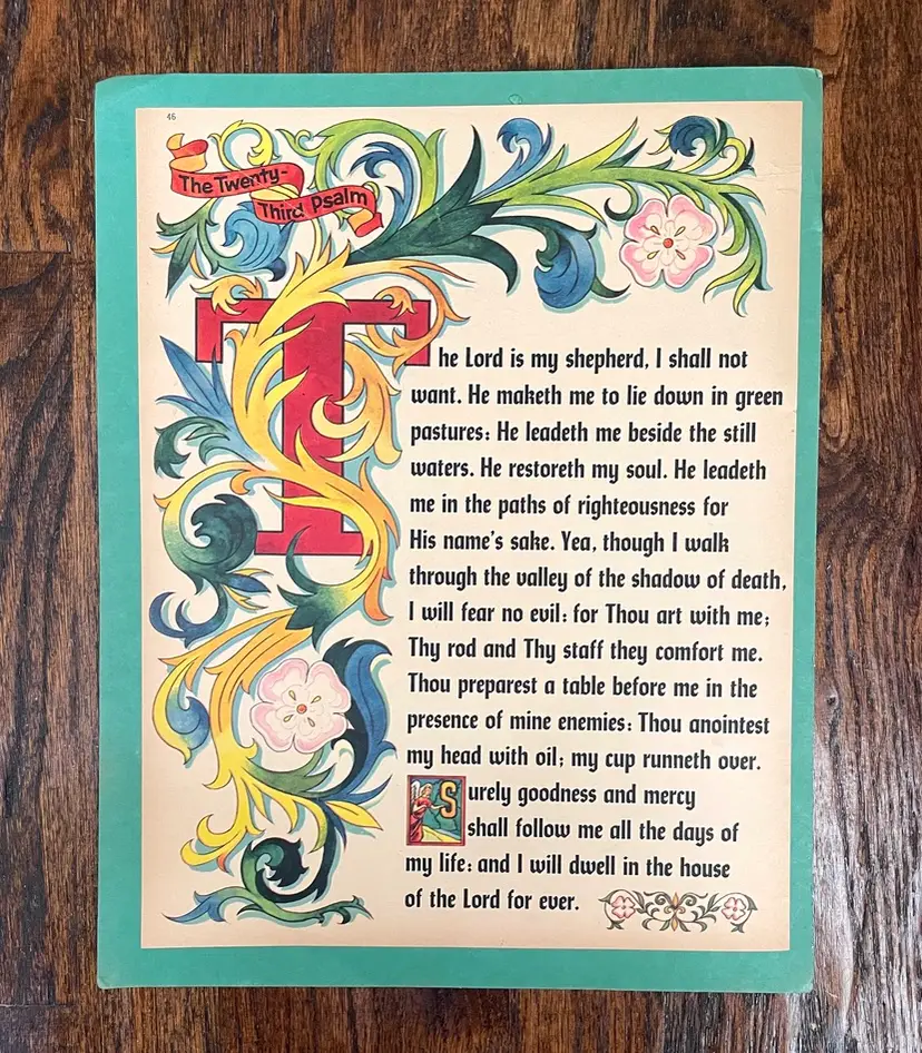 The Lord Is My Shepherd Twenty Third Psalm Religious Christianity Ephemera Vintage Colorful Print Wall Decor