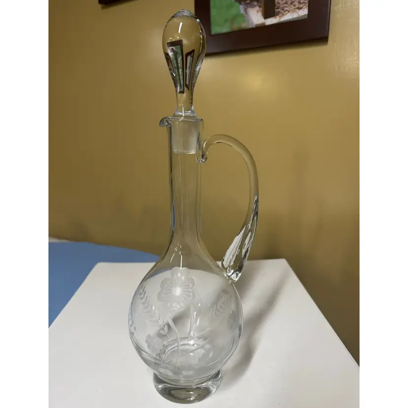 Vintage 1950's Cut Crystal Wine Decanter with Floral Etching 15.25”