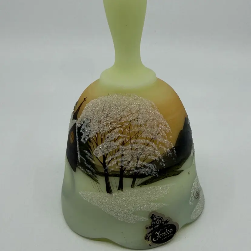 Vintage 1978 Fenton Satin Custard Uranium 6” Bell Hand Painted Signed Church...
