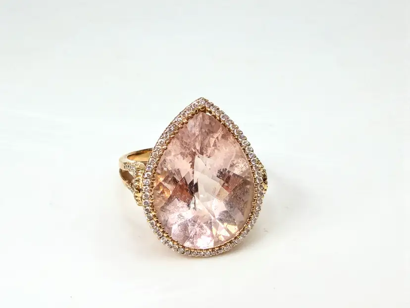 18K Gold 9.5ct Pear cut Morganite Diamond Halo Statement Ring 6.7g s7 JR1997