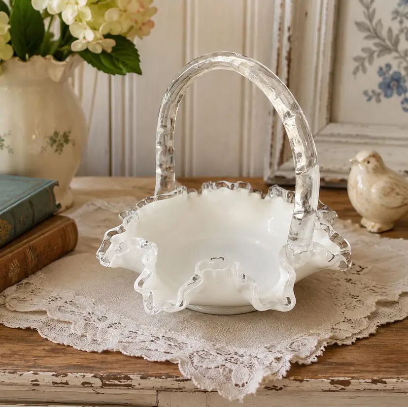 Fenton Silver Crest White Milk Glass Ruffled Crimped Edge Bowl Basket w/ Handle