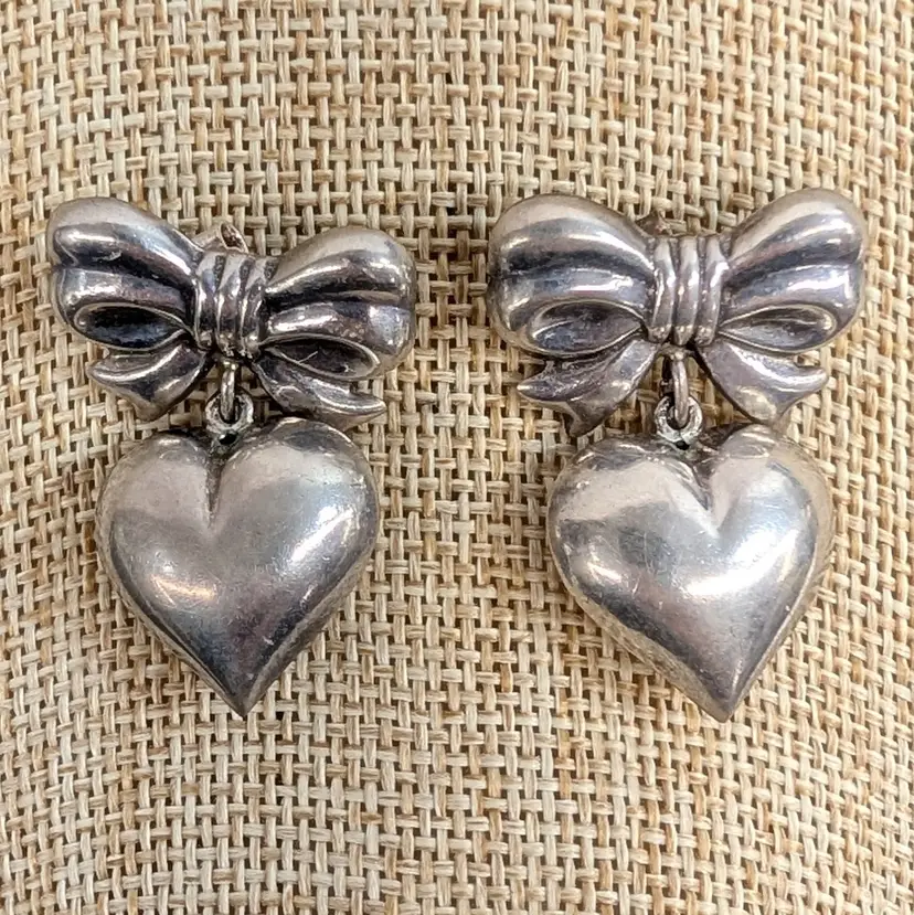 Vintage Sterling Silver Bow & Puffy Heart Statement Earrings NF925 Capal Zenray