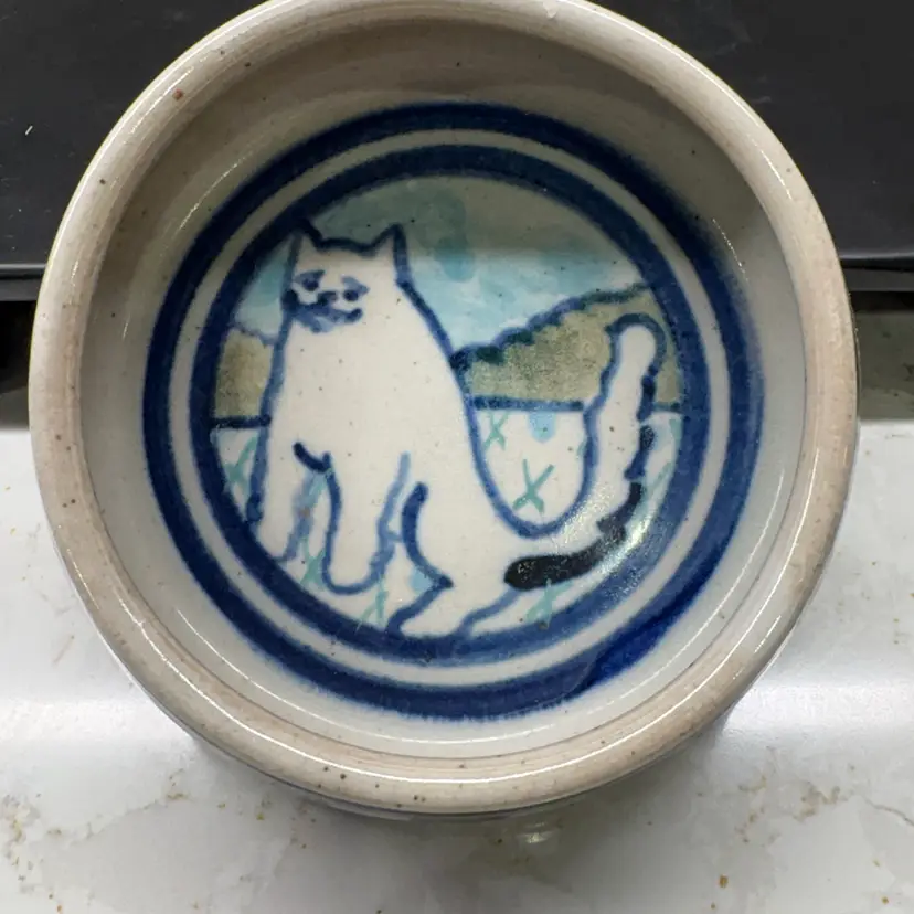 Vintage Debbie Dean Cat Bowl Blue Checkerboard Purr Purr 5"