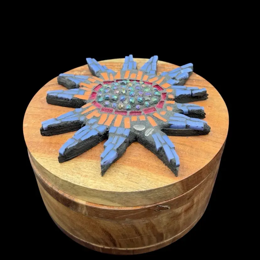 2022 Wood & Mixed Media Jewelry/Trinket Box Blue/Pink/Green Mosaic Flower Signed Nancy Dokkestul 
4”T x 6” W