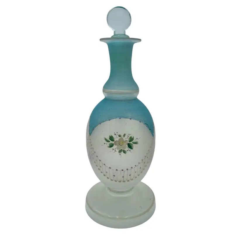 Antique Hand-Blown & Hand-Painted Glass Bottle, Victorian, w/Stopper, 9.5"