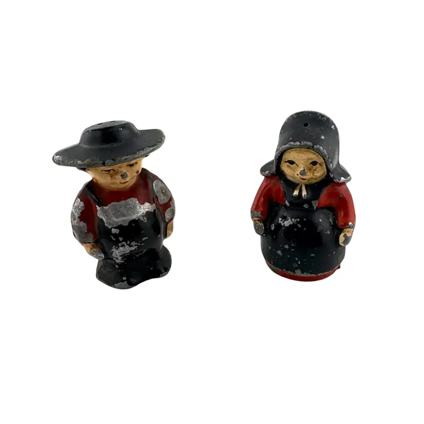 Vintage Cast Iron Amish Couple Salt & Pepper Shakers 2” Tall x 1.25” Wide