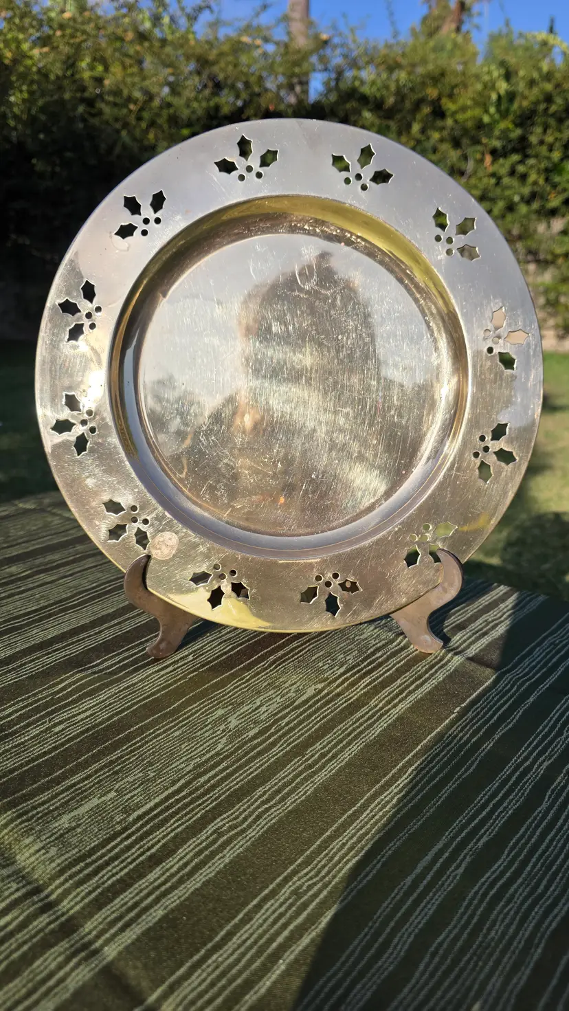 Solid Brass Holiday Christmas Charger Plate with Cutout Holly Border