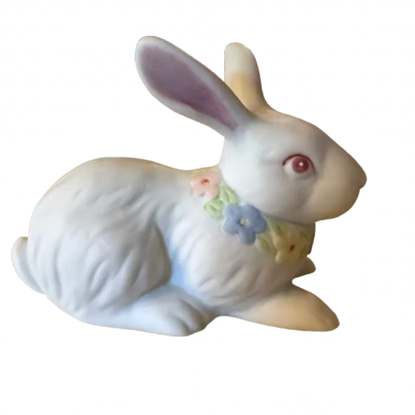 Vintage 1987 Lefton Bisque Porcelain Bunny Rabbit Figurine Floral Collar #06065