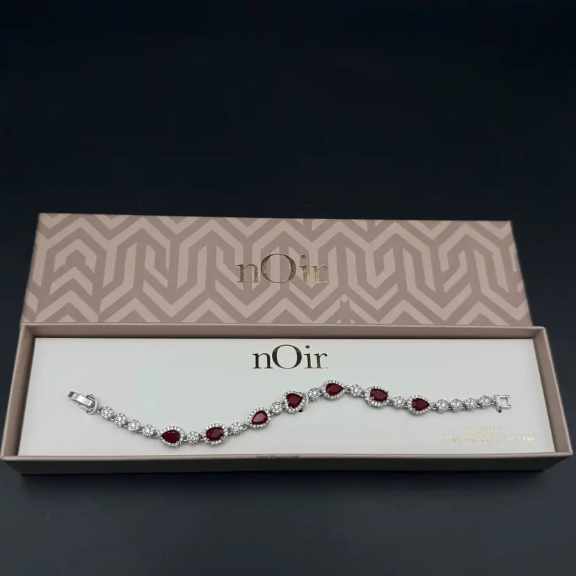 nOir 7" Brass & CZ Silver Tone Tennis Bracelet Heart Pear Red Faux Rubies Pave