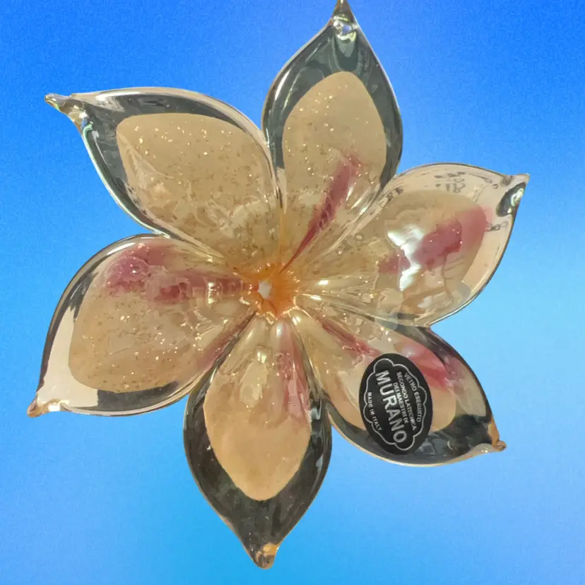 Beautiful 4” Murano Glass- Hand Blown Art Glass Flower, Pink, Gold, Light Yellow , Cream Colors Perfect Condition, Original Box