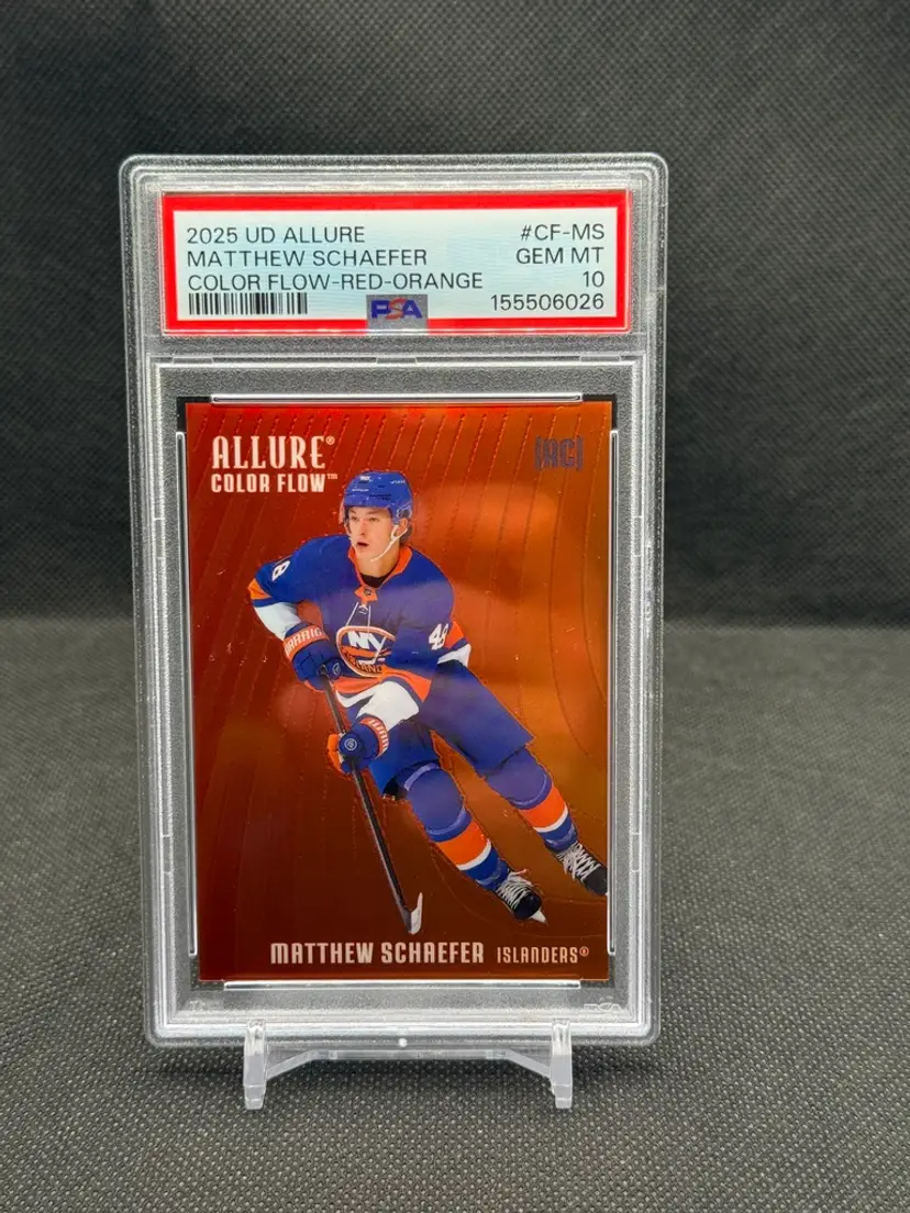 Matthew Schaefer 2025-26 Upper Deck Allure Red Orange Color Flow Rookie PSA 10