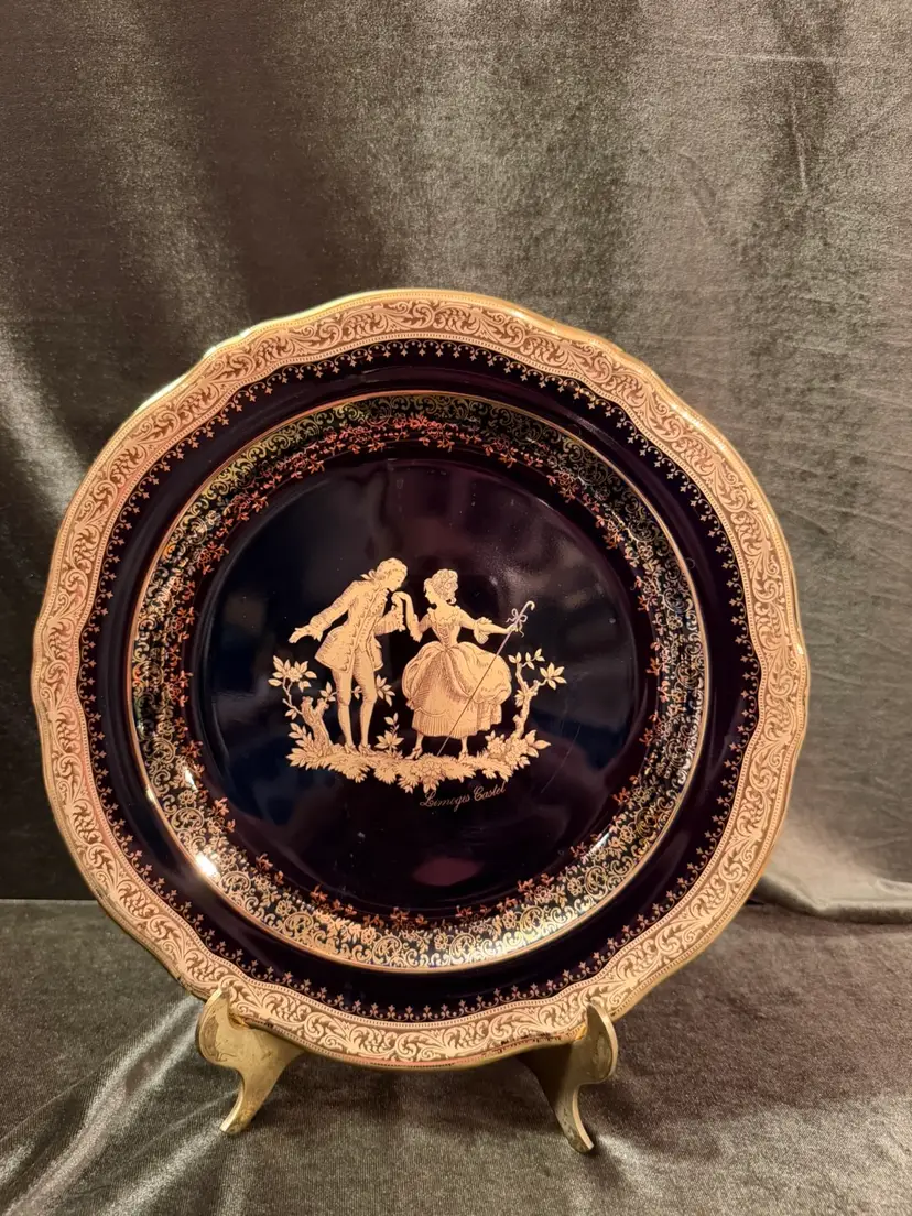 Gorgeous Vintage Limoges Castel France 10" Cabinet Plate Cobalt Blue 22K Gold Courting Couple