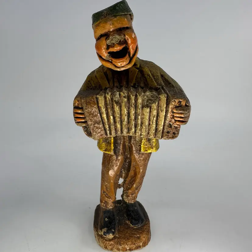 Vintage Faux Wood Syroco Accordion Player Hand Painted Green Hat Figurine