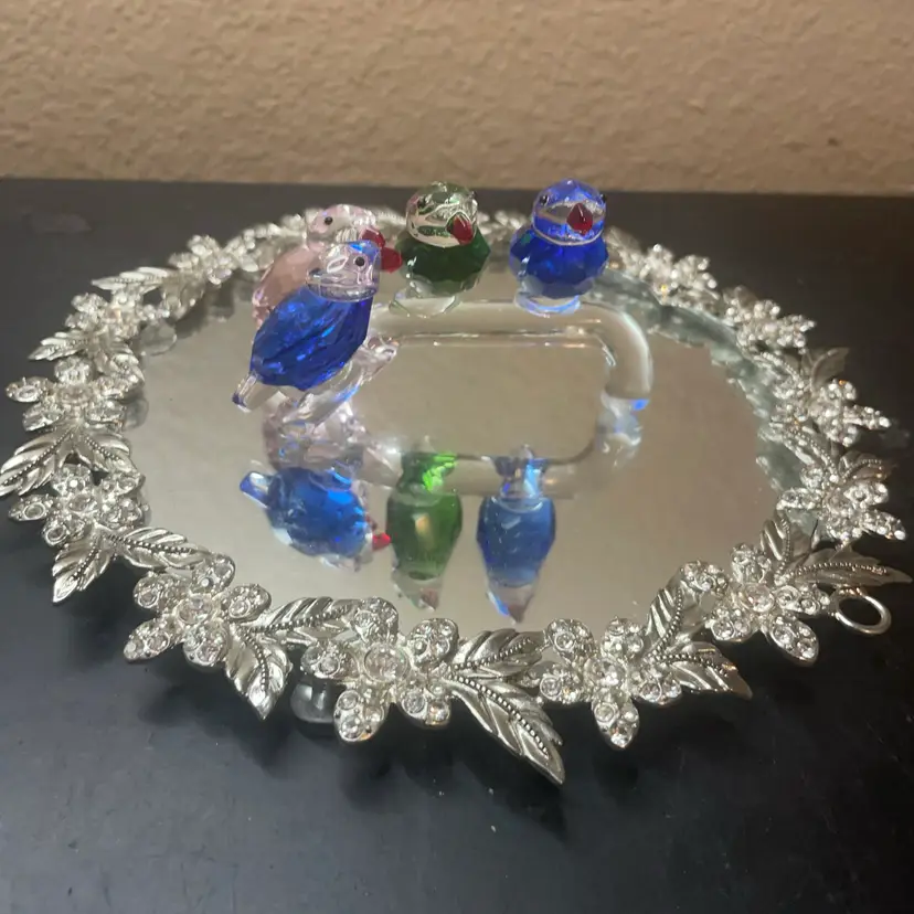 Stunning Glass Swarovski Inspired Birds On Branch Sculpture