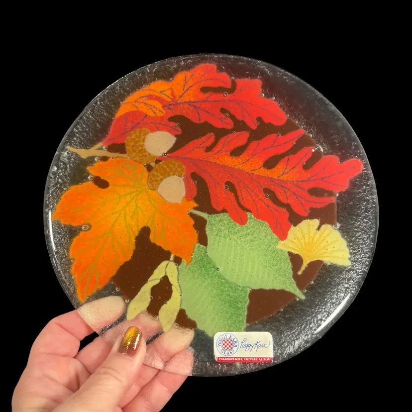 Peggy Karr Autumn Leaves Fused Glass Plate Signed | 7.75”