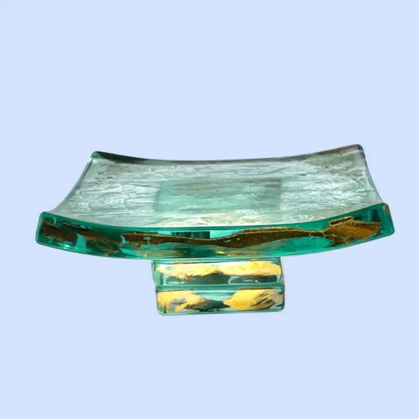 #056E- Annie Glass Roman Green Art Glass Footed Pedestal Plate square Bent Design Hand Painted 24k Gold Leaf Accents