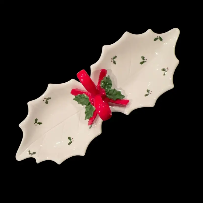 120 Otagiri Double Sided Holly Leaf & Berries With Bow Candy Dish